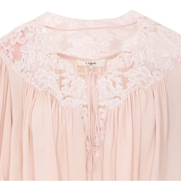 Chloe' Women Flowy Top With Puff Sleeves In Crêpe De Chine And Lace - Picture 5 of 5